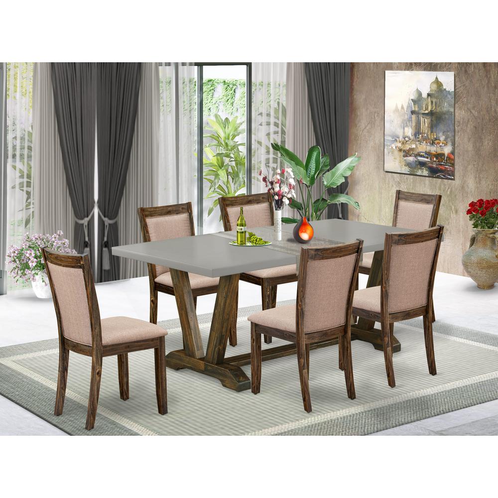 East West Furniture 7 Piece Contemporary Dinette Set - A Cement Top Dinner Table with Trestle Base and 6 Dark Khaki Linen Fabric Parson Chairs - Distressed Jacobean Finish. Picture 2