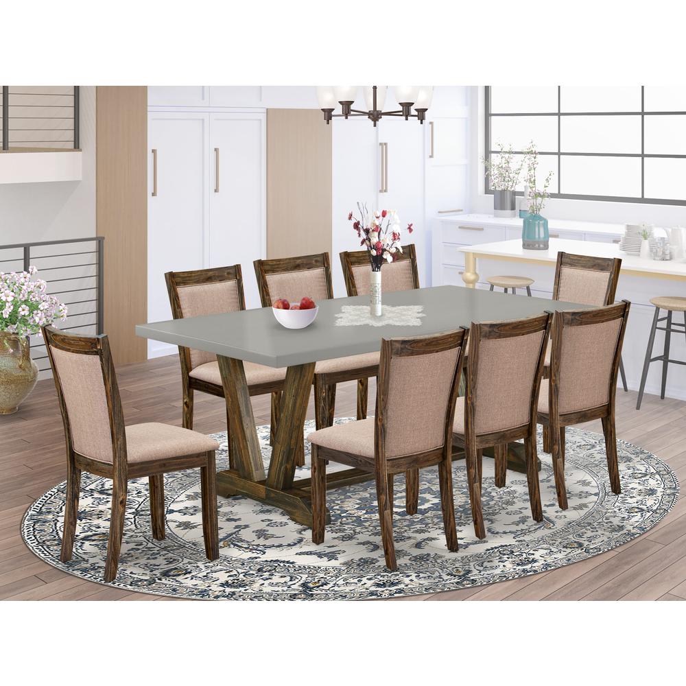 East West Furniture 9 Piece Contemporary Dinning Set - A Cement Top Dining Table with Trestle Base and 8 Dark Khaki Linen Fabric Upholstered Dining Chairs - Distressed Jacobean Finish. Picture 2