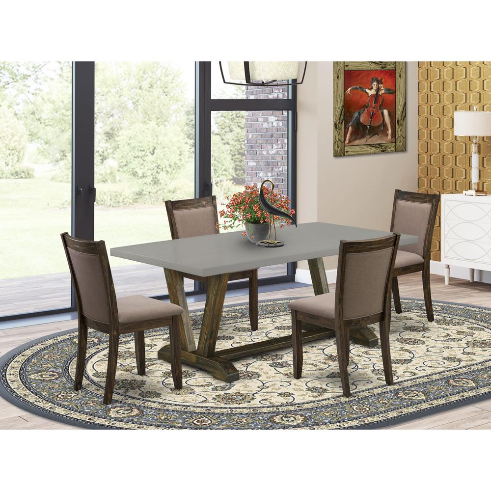 East West Furniture 5 Piece Innovative Dining Room Table Set - A Cement Top Wooden Dining Table with Trestle Base and 4 Coffee Linen Fabric Padded Chairs - Distressed Jacobean Finish. Picture 2