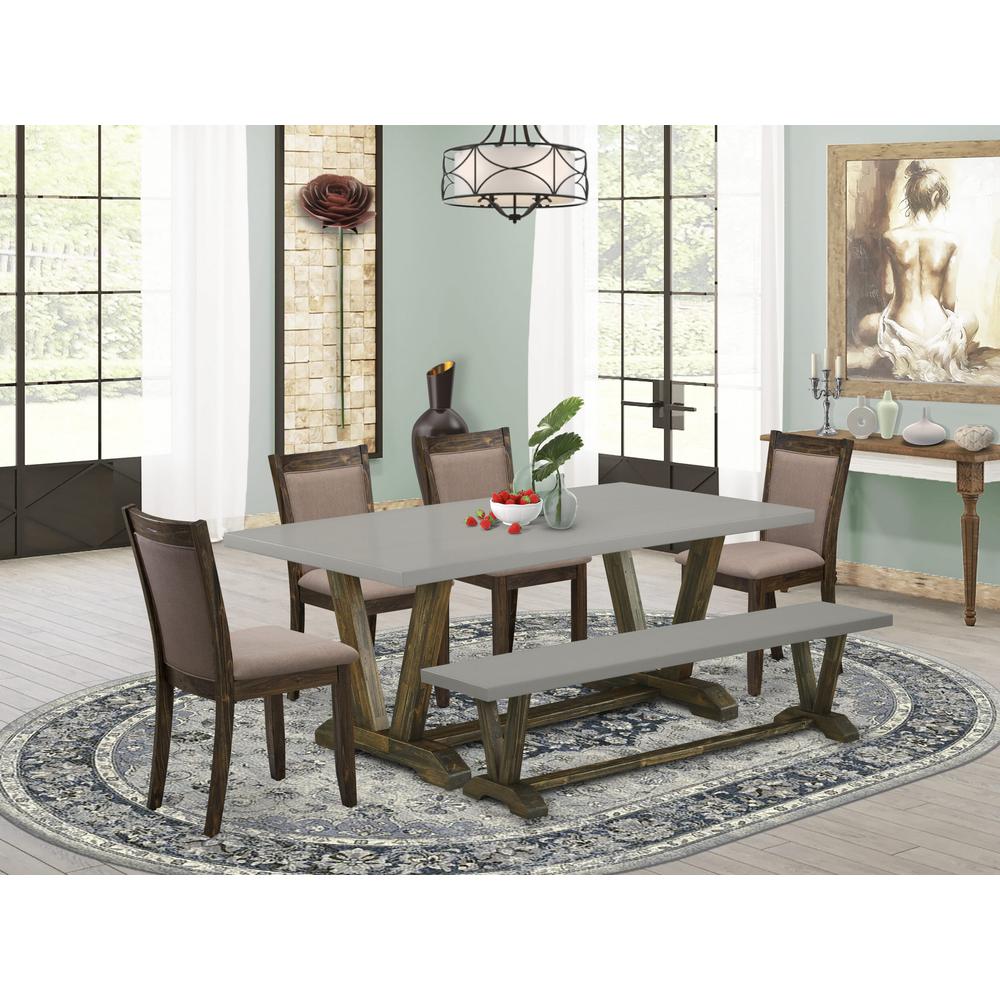 East West Furniture 6 Piece Kitchen Table Set- A Cement Top Wood Table in Trestle Base with Wood Bench and 4 Coffee Linen Fabrics Modern Chairs - Distressed Jacobean Finish. Picture 2