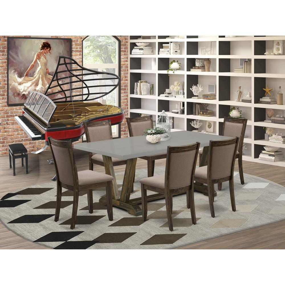 East West Furniture 7 Piece Innovative Kitchen Table Set - A Cement Top Dining Table with Trestle Base and 6 Coffee Linen Fabric Modern Dining Chairs - Distressed Jacobean Finish. Picture 2