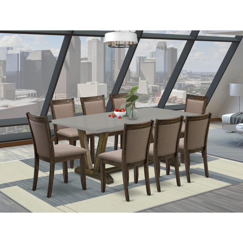 East West Furniture 9 Piece Contemporary Dinette Set - A Cement Top Dinner Table with Trestle Base and 8 Coffee Linen Fabric Mid Century Dining Chairs - Distressed Jacobean Finish. Picture 2