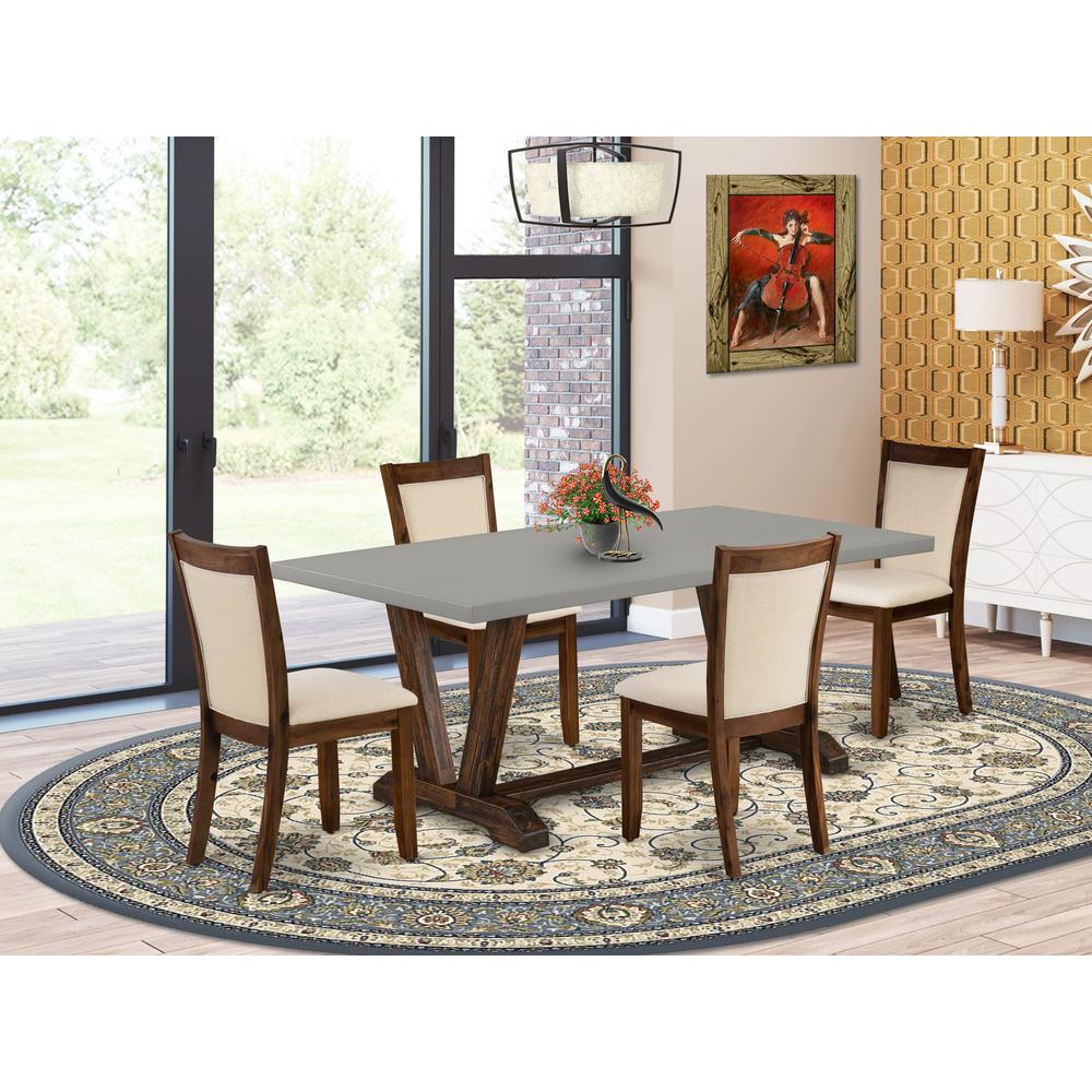 East West Furniture 5-Piece Modern Dining Set Consists of a Wooden Dining Table and 4 Light Beige Linen Fabric Dining Chairs with Stylish Back - Distressed Jacobean Finish. Picture 2