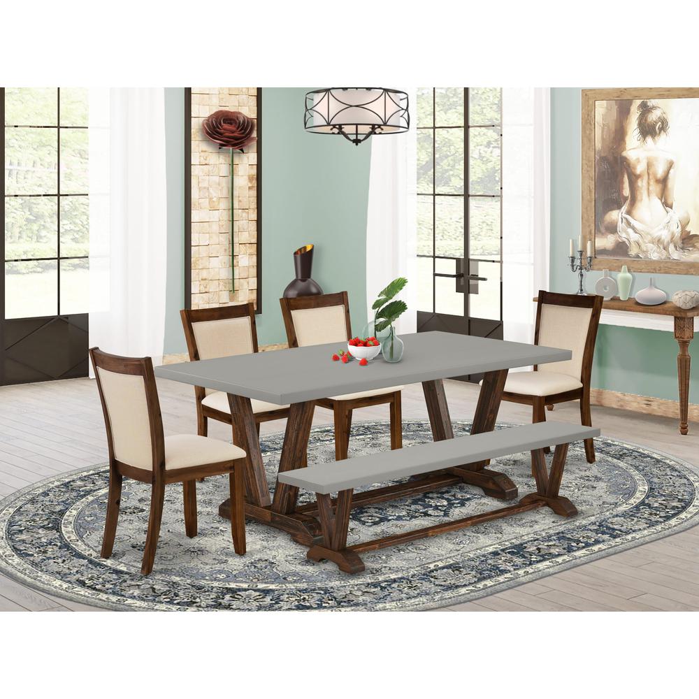East West Furniture 6-Pc Kitchen Table Set Contains a Wood Table and a Dining Bench with 4 Light beige Linen Fabric Parson Chairs with Stylish Back - Distressed Jacobean Finish. Picture 2