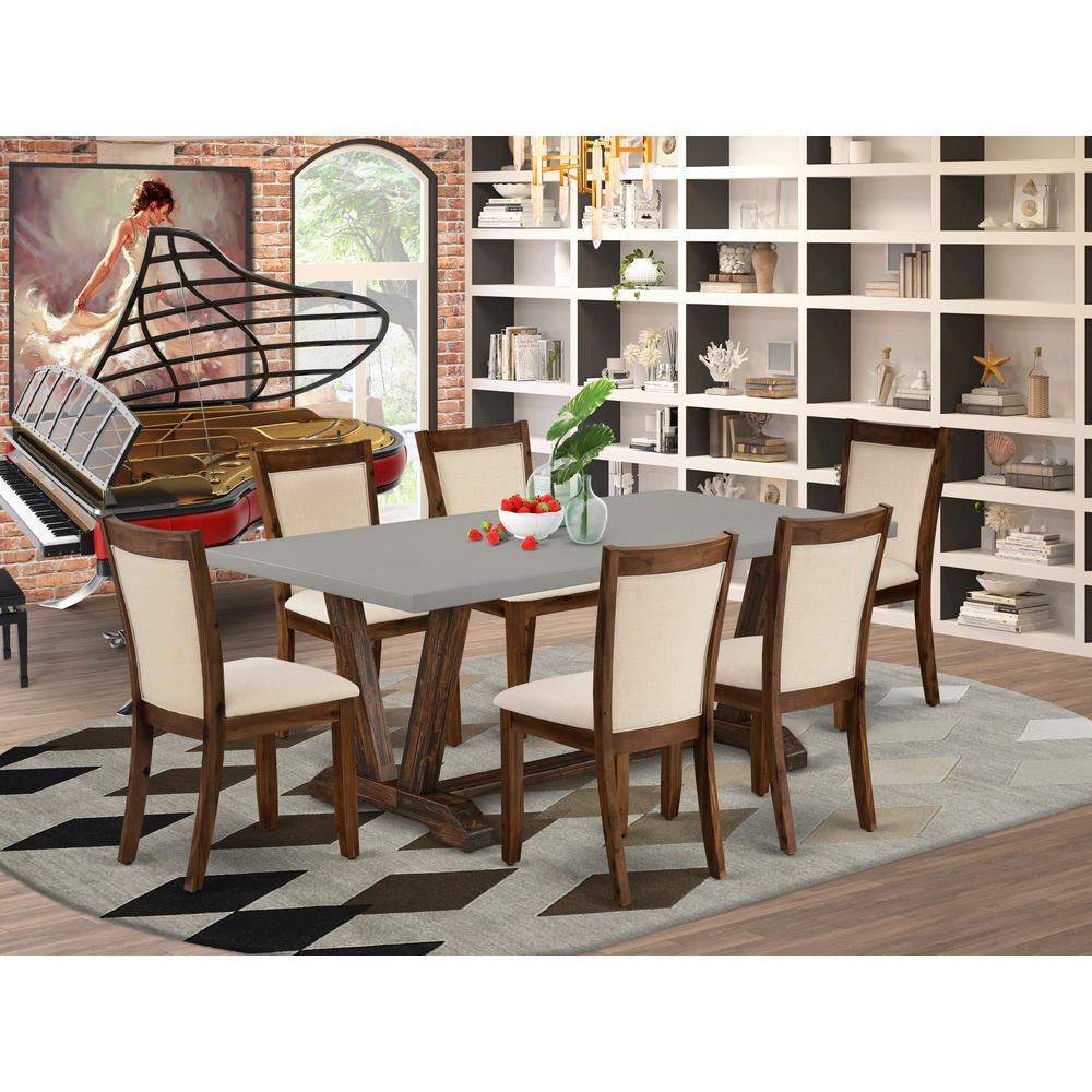 East West Furniture 7-Piece Mid Century Modern Dining Set Includes a Rectangular Table and 6 Light Beige Linen Fabric Dining Chairs with Stylish Back - Distressed Jacobean Finish. Picture 2