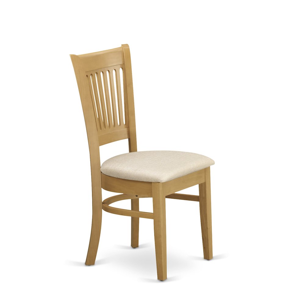East West Furniture 3 Piece Dining Table Set Contains 1 Round Pedestal Table and 2 Oak Linen Fabric Wooden Kitchen Chairs with Slatted Back - Oak Finish. Picture 5