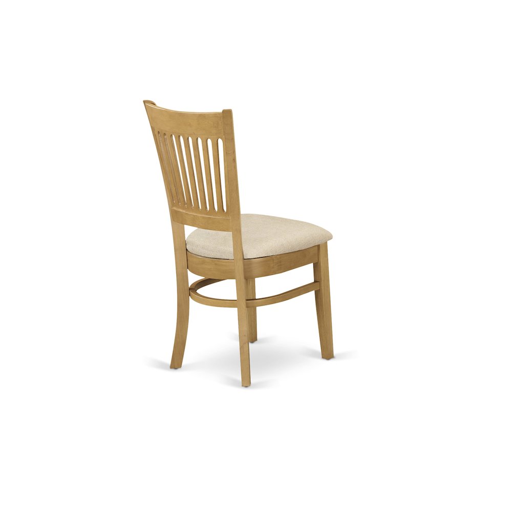 East West Furniture 3 Piece Dining Table Set Contains 1 Round Pedestal Table and 2 Oak Linen Fabric Wooden Kitchen Chairs with Slatted Back - Oak Finish. Picture 9