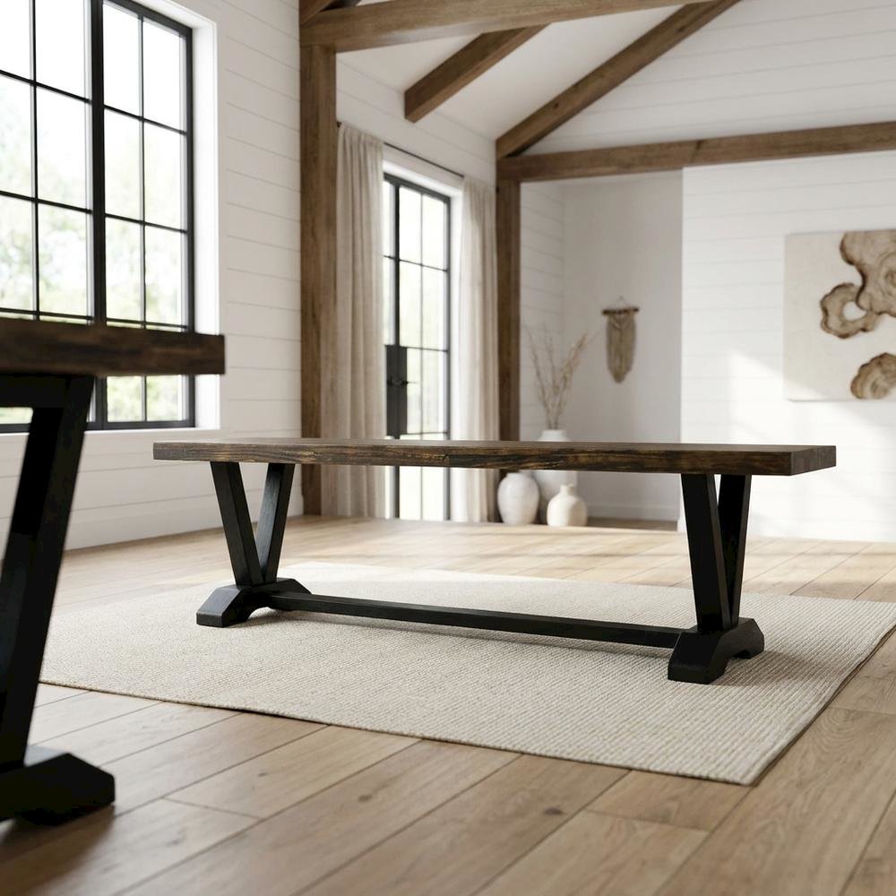 Wooden Dining Bench with V-Style Base, Brown/Brown. Picture 2