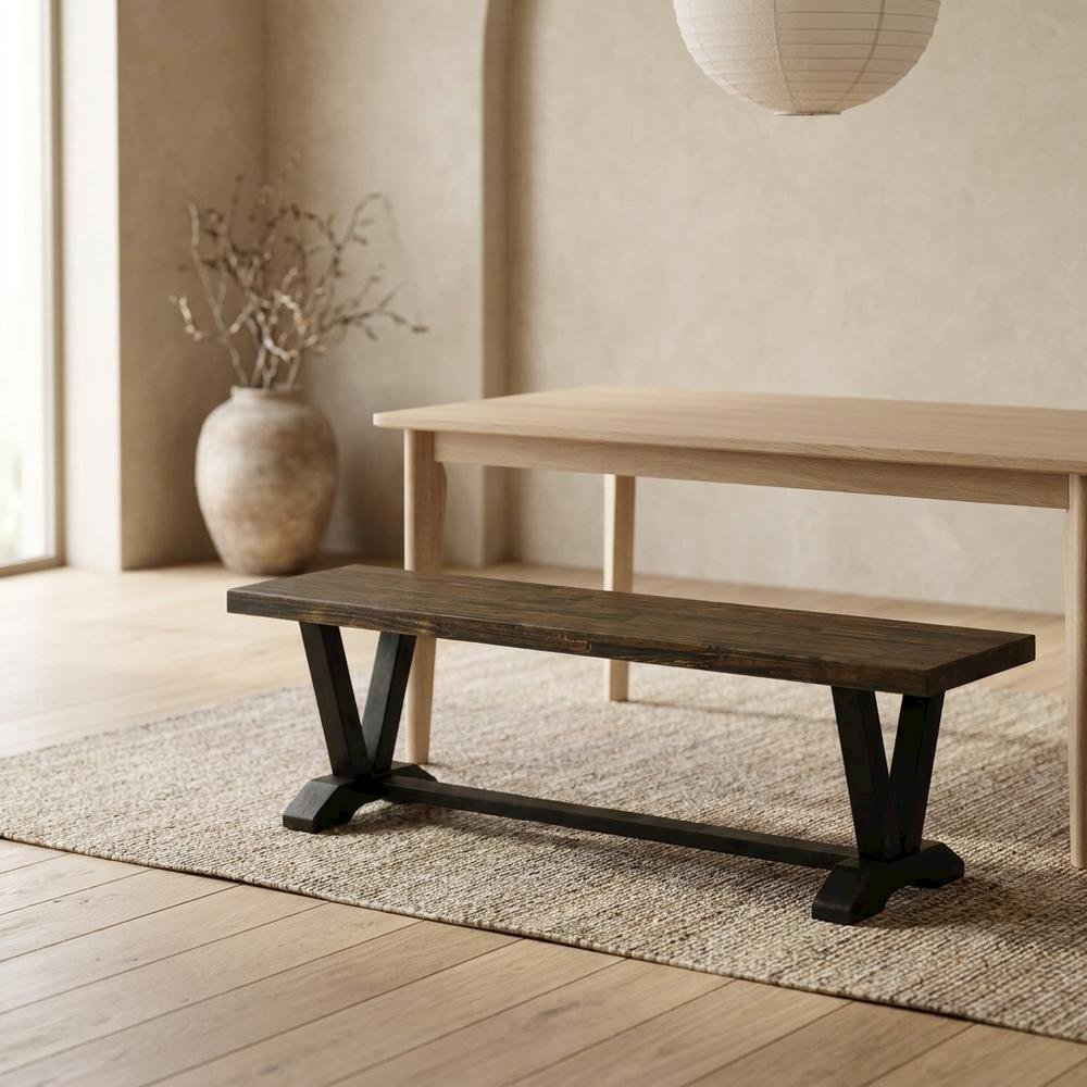 Wooden Dining Bench with V-Style Base, Brown/Brown. Picture 3