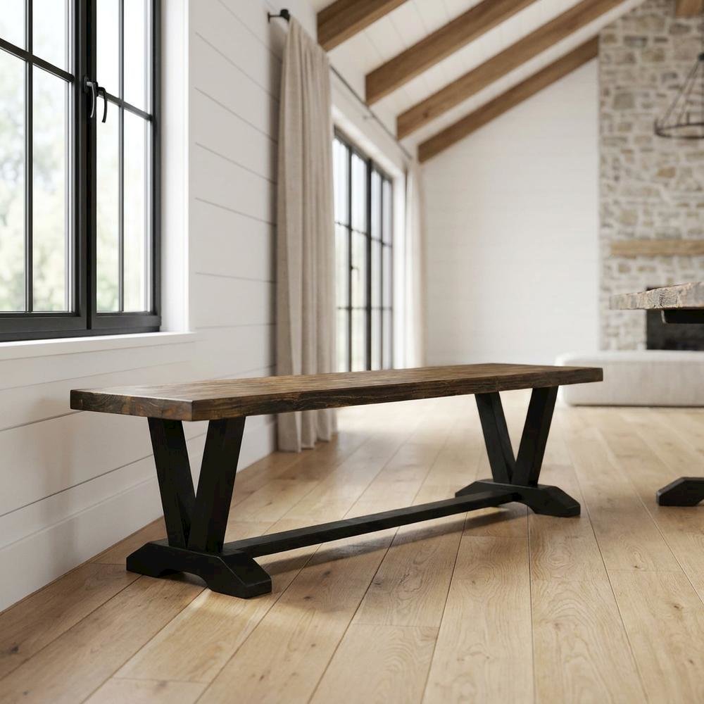 Solid Wood Dining Bench with V-Style Base for Dining Room, Dark Brown. Picture 2