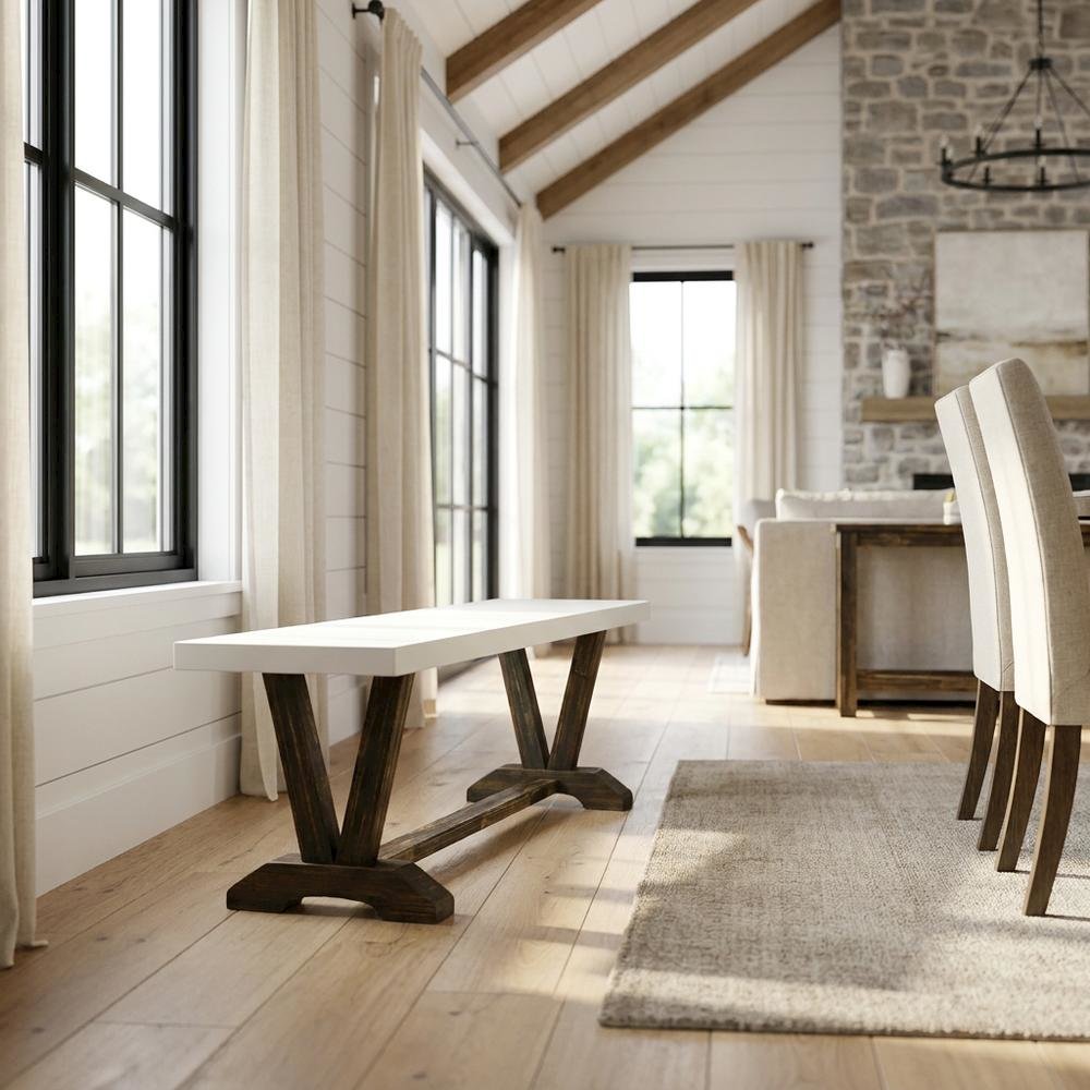 Wooden Dining Bench with V-Style Base, Wood Bench Seat, White. Picture 2