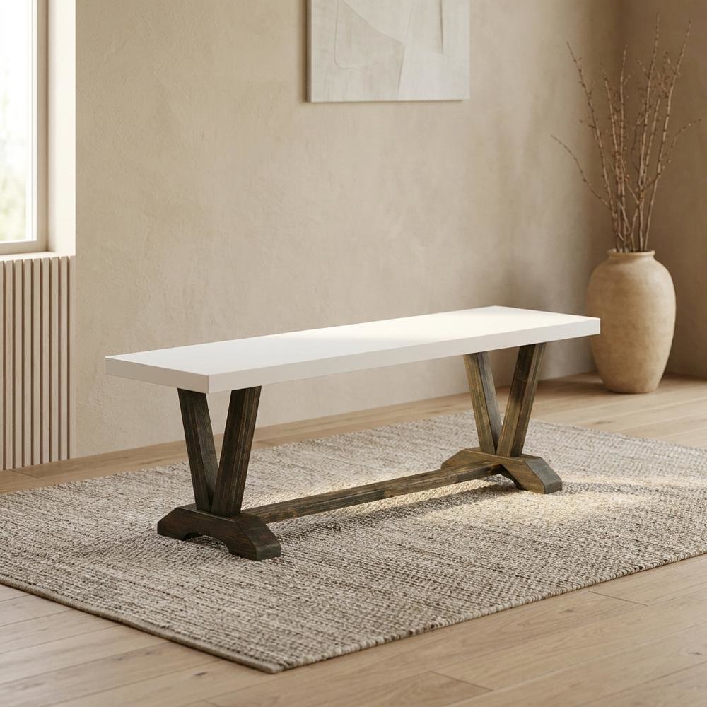 Wooden Dining Bench with V-Style Base, Wood Bench Seat, White. Picture 3