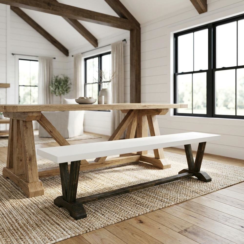 Wooden Dining Bench with V-Style Base for Kitchen or Dining Room, White. Picture 2