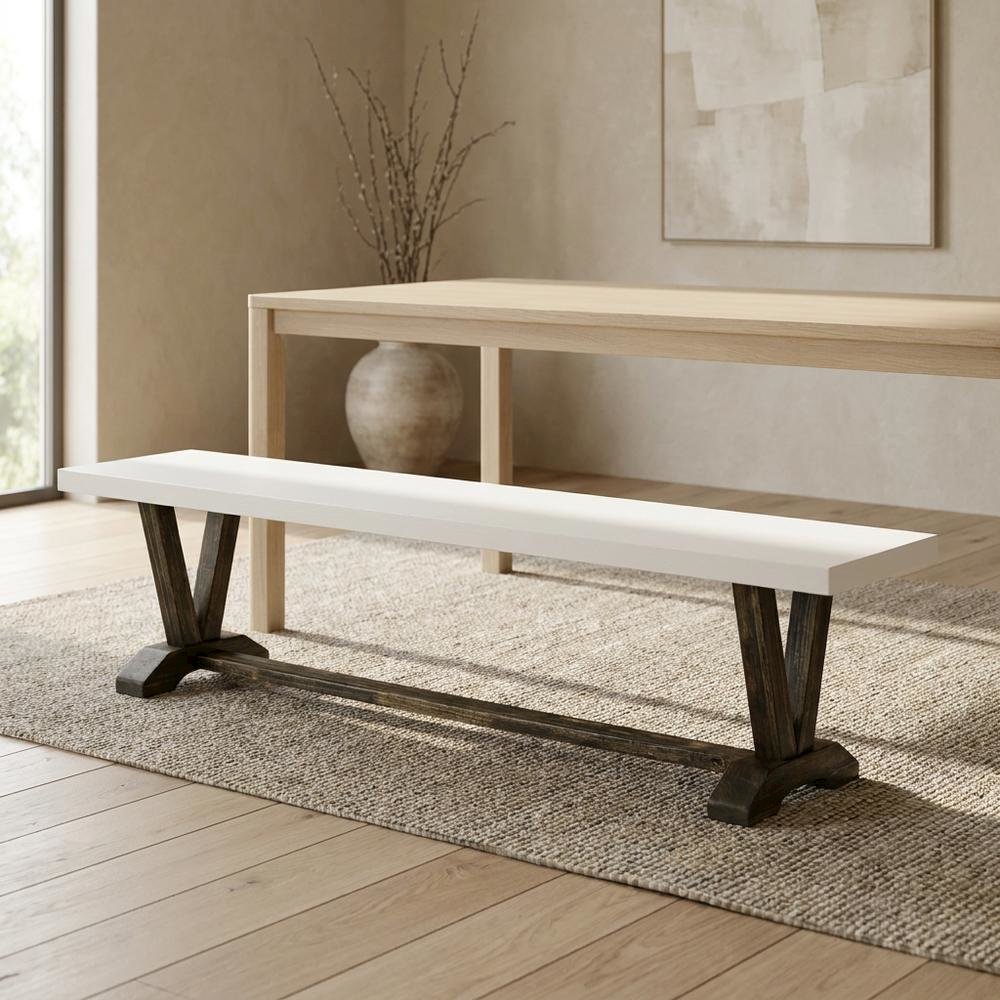 Wooden Dining Bench with V-Style Base for Kitchen or Dining Room, White. Picture 3
