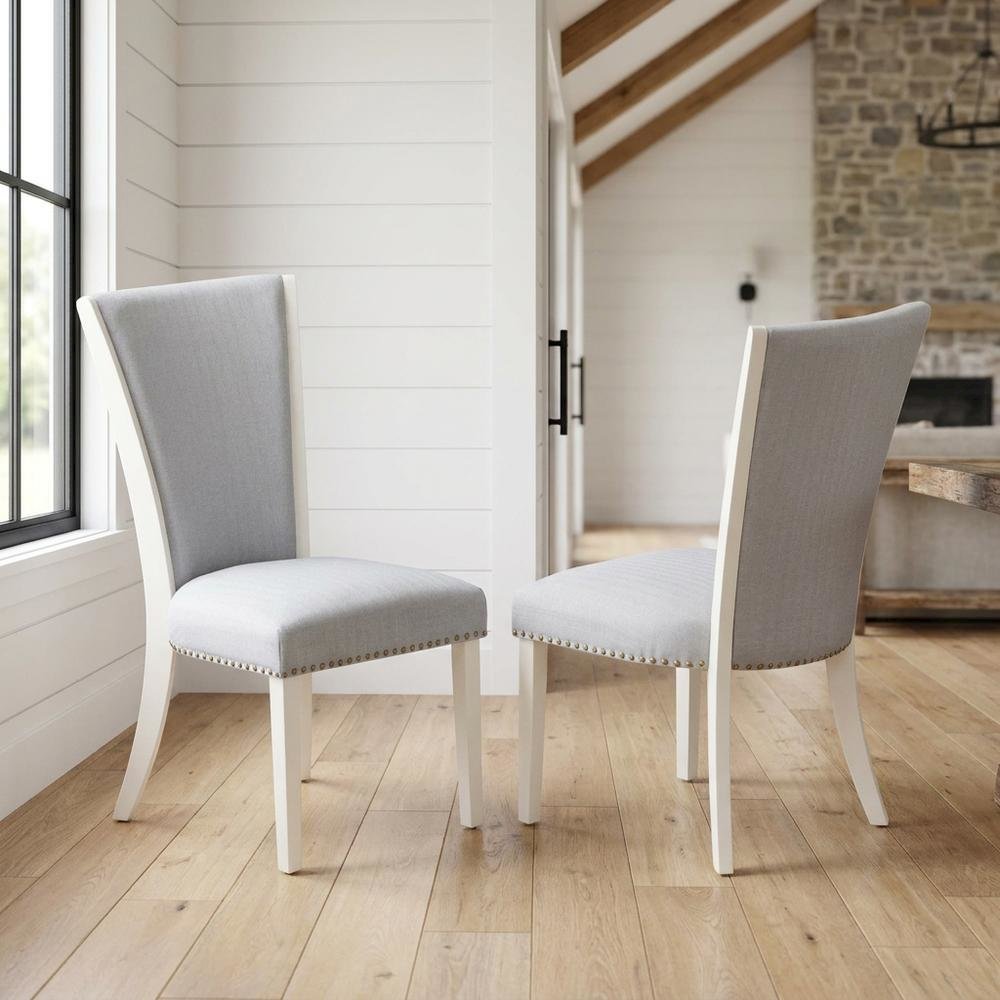Linen Fabric Parsons Dining Chairs with Nail Head and Wood Frame, Grey, Set of 2. Picture 3