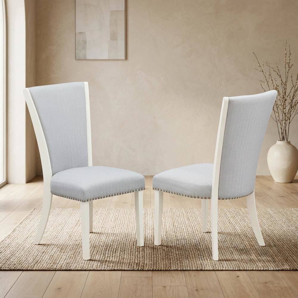 Linen Fabric Parsons Dining Chairs with Nail Head and Wood Frame, Grey, Set of 2. Picture 4