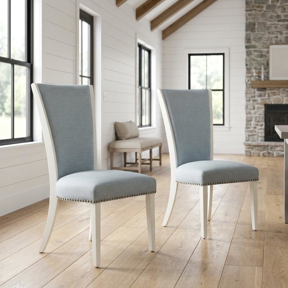Linen Dining Chair with Nail Head Trim and Stylish High Back, Blue, Set of 2. Picture 3