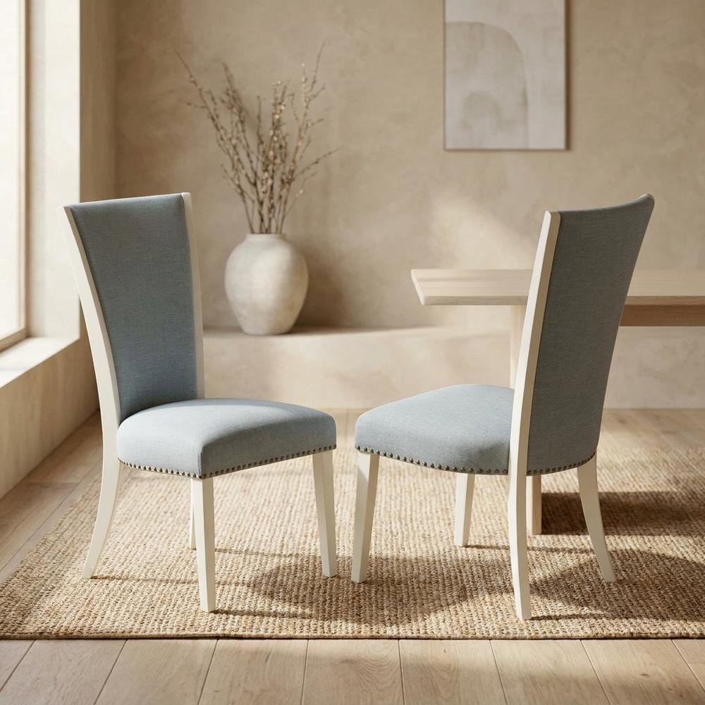 Linen Dining Chair with Nail Head Trim and Stylish High Back, Blue, Set of 2. Picture 4