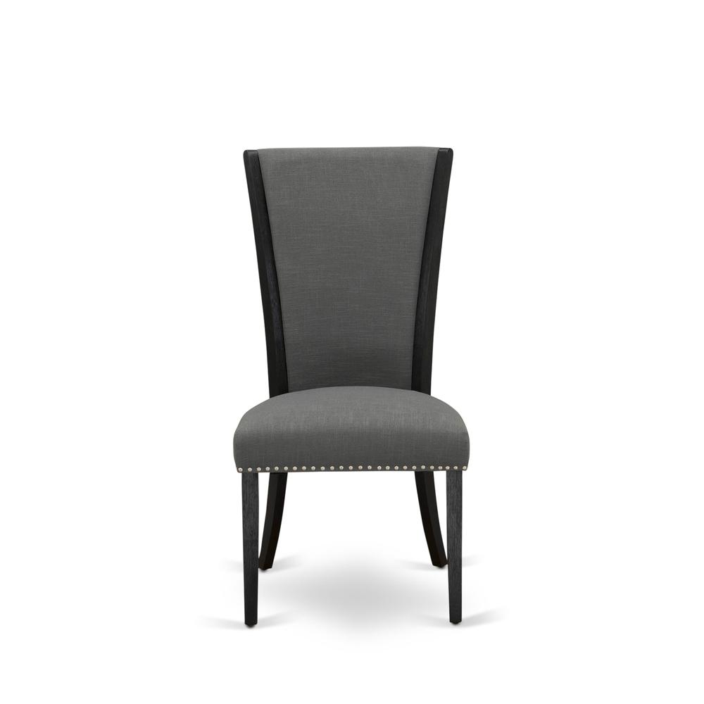 East West Furniture - Set of 2 - Dining Room Chairs- Wooden Chair Includes Black Wooden Structure with Dark Gotham Grey Linen Fabric Seat with Nail Head and Stylish Back. Picture 2