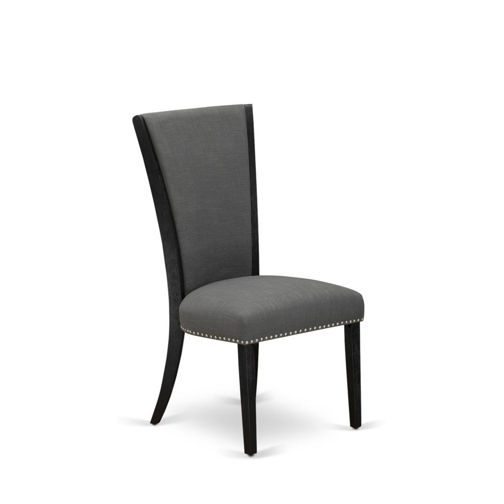 East West Furniture - Set of 2 - Dining Room Chairs- Wooden Chair Includes Black Wooden Structure with Dark Gotham Grey Linen Fabric Seat with Nail Head and Stylish Back. Picture 3
