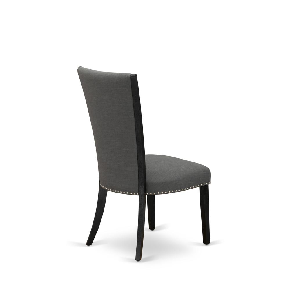 East West Furniture - Set of 2 - Dining Room Chairs- Wooden Chair Includes Black Wooden Structure with Dark Gotham Grey Linen Fabric Seat with Nail Head and Stylish Back. Picture 4