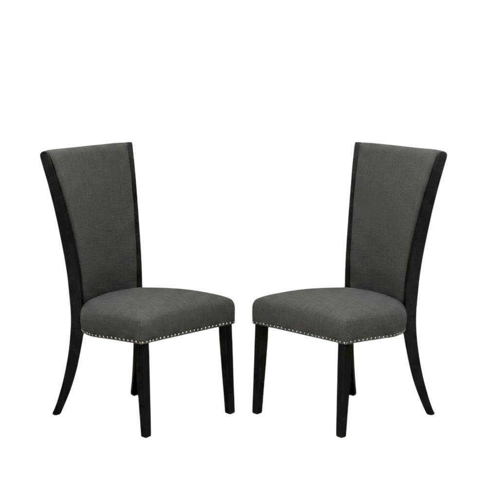 Linen Dining Chair with Nail Head and Wood Frame, Dark Gotham Grey, Set of 2. Picture 5