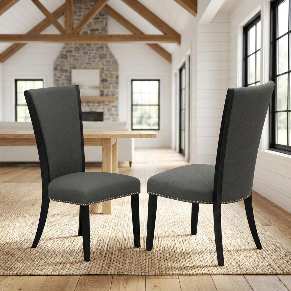 Linen Dining Chair with Nail Head and Wood Frame, Dark Gotham Grey, Set of 2. Picture 3