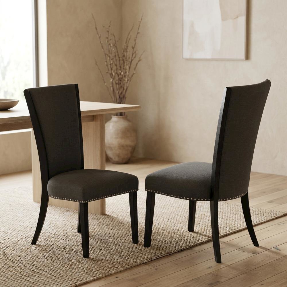 Linen Dining Chair with Nail Head and Wood Frame, Dark Gotham Grey, Set of 2. Picture 4