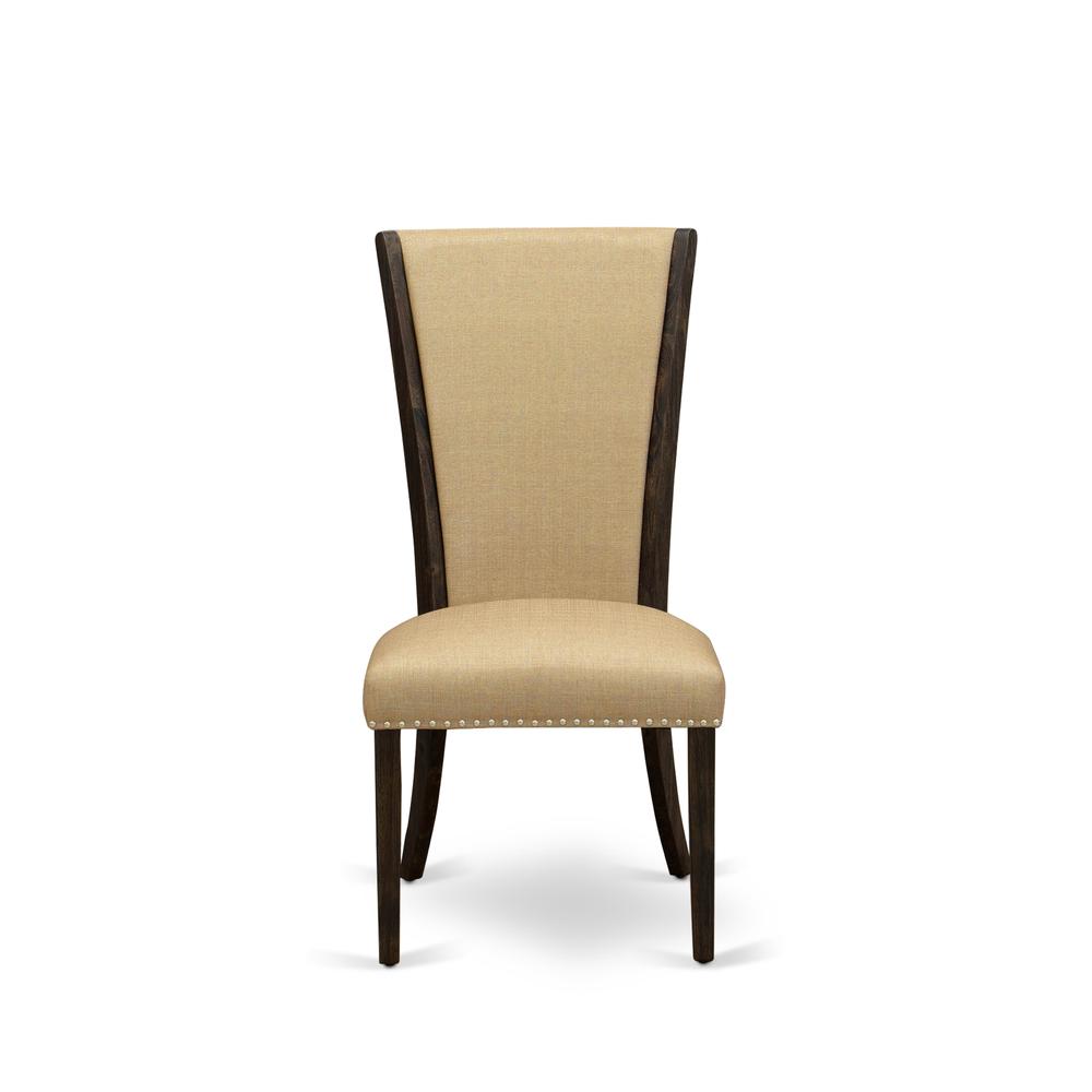 East West Furniture - Set of 2 - Wood Chairs- Wood Chair Includes Distressed Jacobean Hardwood Frame with Brown Linen Fabric Seat with Nail Head and Stylish Back. Picture 2