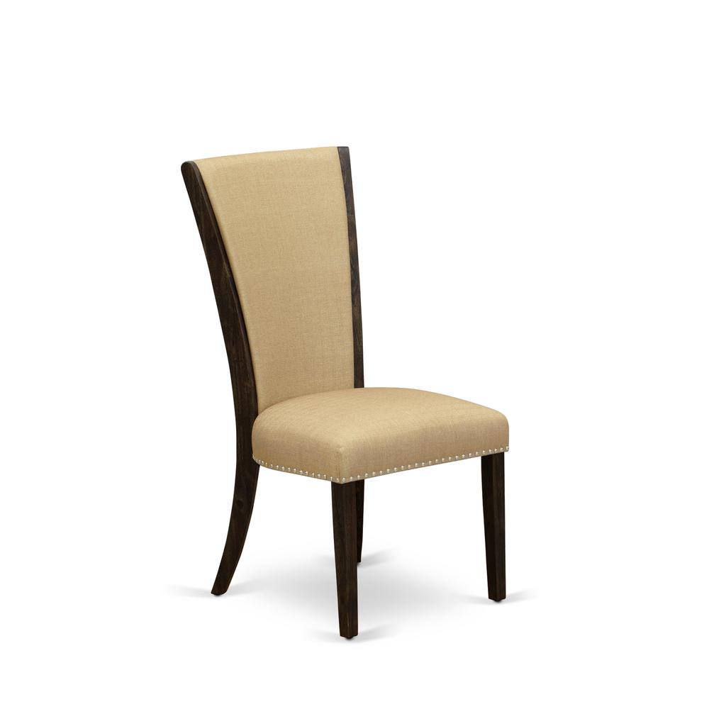 East West Furniture - Set of 2 - Wood Chairs- Wood Chair Includes Distressed Jacobean Hardwood Frame with Brown Linen Fabric Seat with Nail Head and Stylish Back. Picture 3