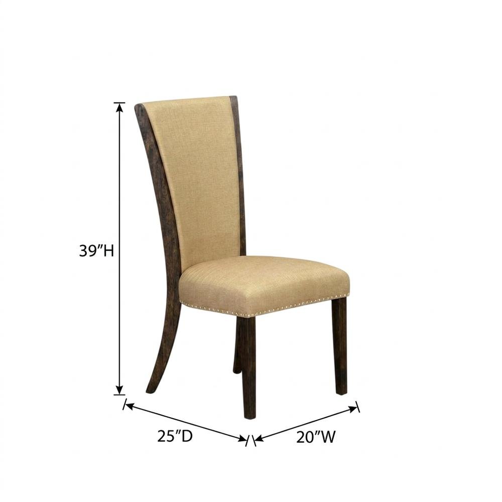 Linen Dining Chair with Distressed Hardwood Frame, Nailhead, Brown, Set of 2. Picture 6
