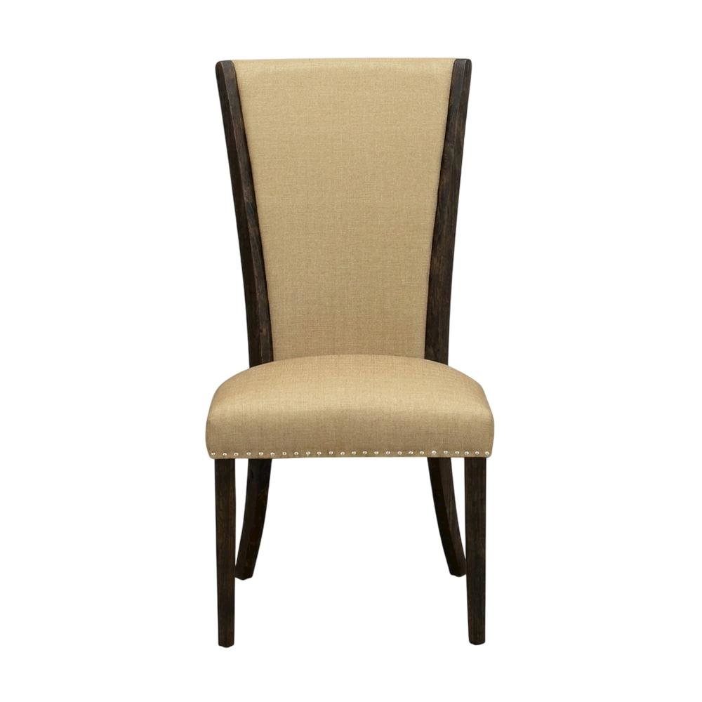 Linen Dining Chair with Distressed Hardwood Frame, Nailhead, Brown, Set of 2. Picture 2