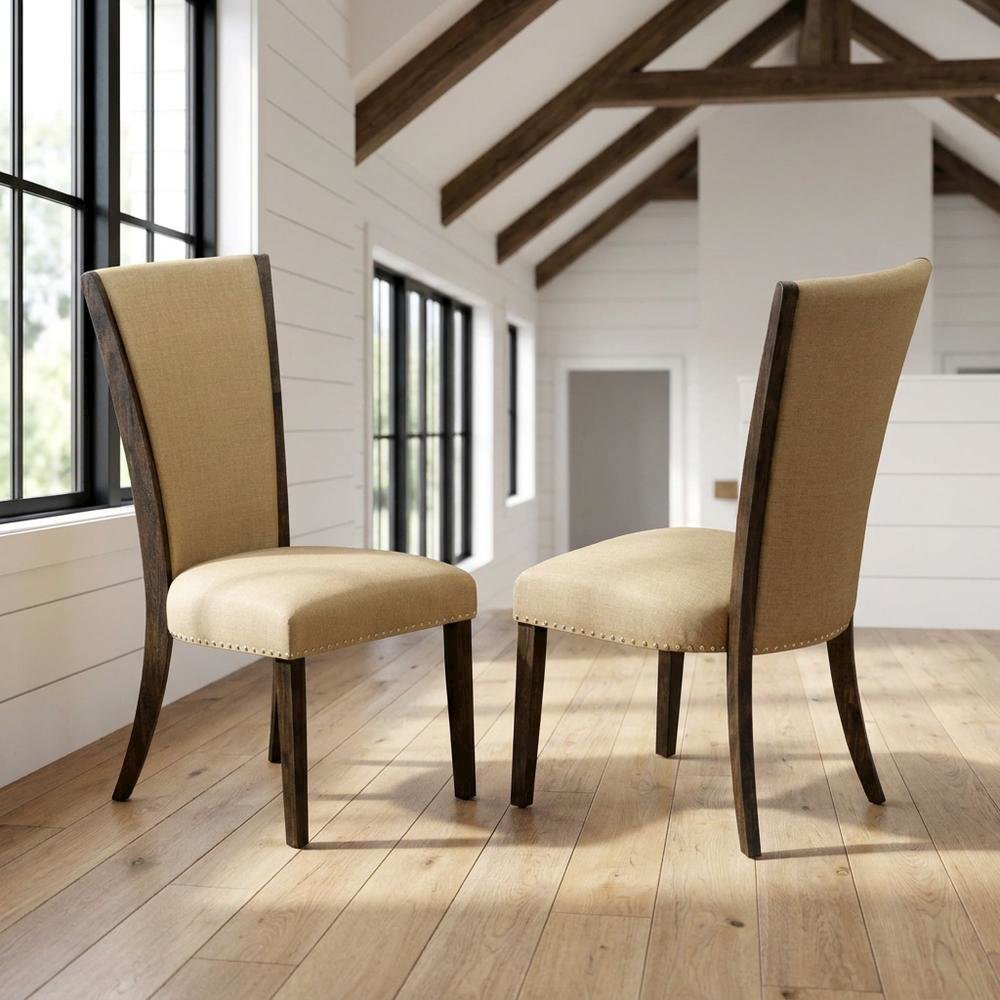 Linen Dining Chair with Distressed Hardwood Frame, Nailhead, Brown, Set of 2. Picture 3