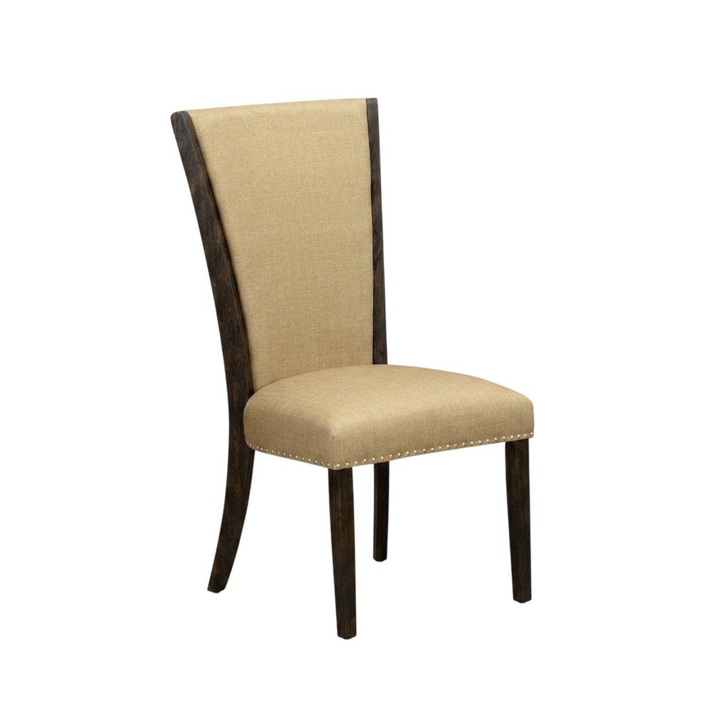 Linen Dining Chair with Distressed Hardwood Frame, Nailhead, Brown, Set of 2. Picture 5