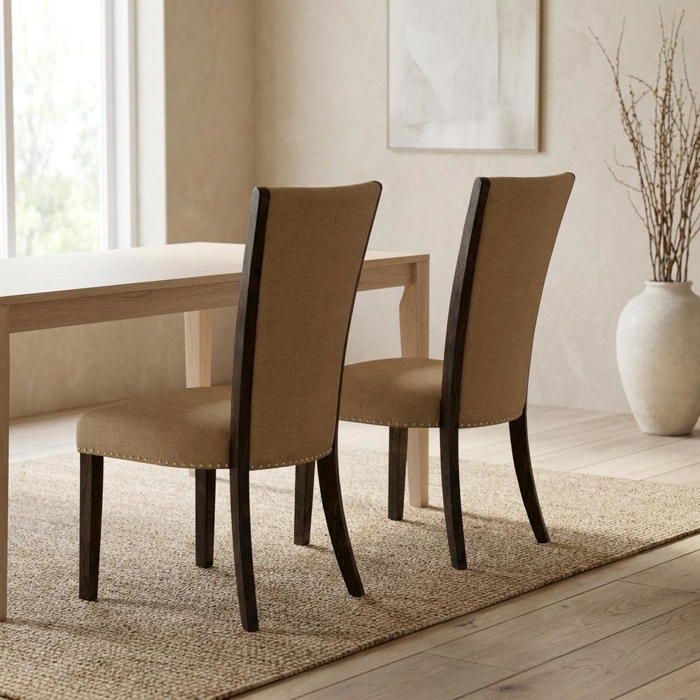 Linen Dining Chair with Distressed Hardwood Frame, Nailhead, Brown, Set of 2. Picture 4