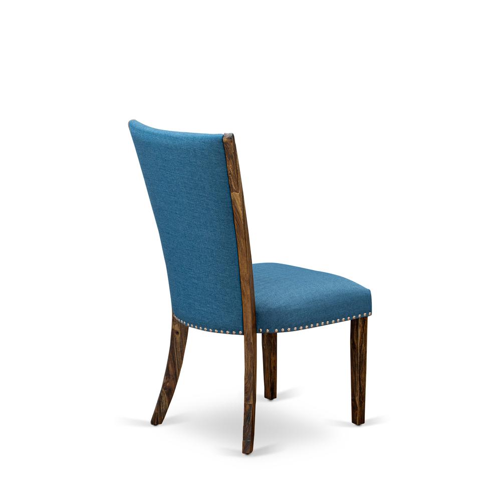East West Furniture - Set of 2 - Upholstered Chair- Dining Chair Includes Distressed Jacobean Wood Frame with Blue Linen Fabric Seat with Nail Head and Stylish Back. Picture 4