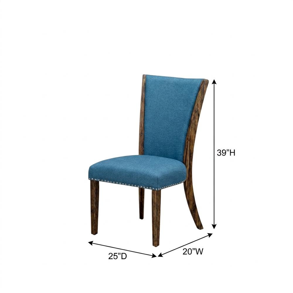 Linen Dining Chairs with Distressed Wood Frame and Nail Head, Blue, Set of 2. Picture 6
