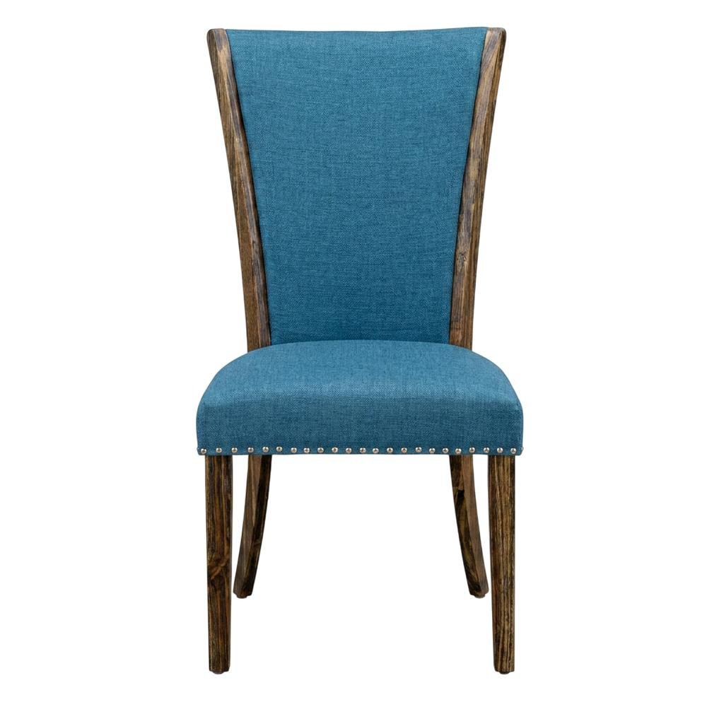 Linen Dining Chairs with Distressed Wood Frame and Nail Head, Blue, Set of 2. Picture 2
