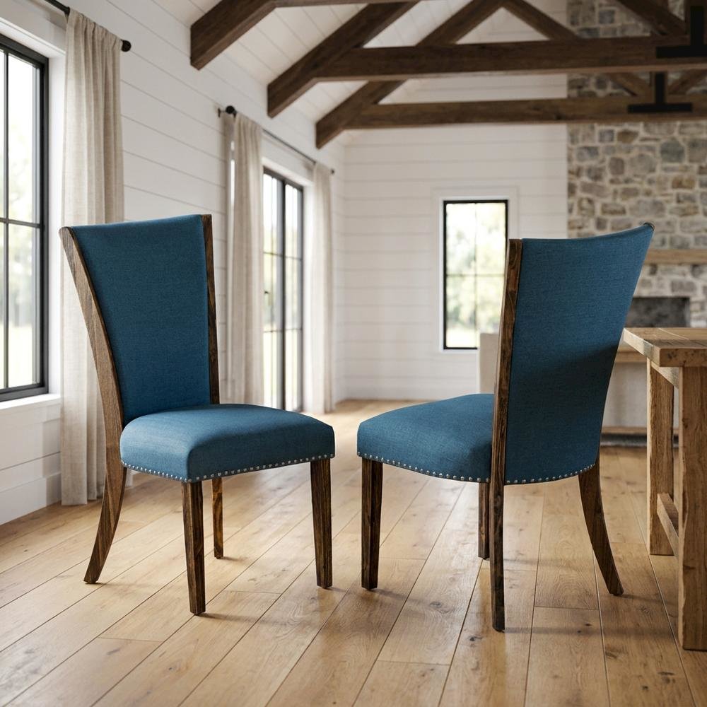 Linen Dining Chairs with Distressed Wood Frame and Nail Head, Blue, Set of 2. Picture 3
