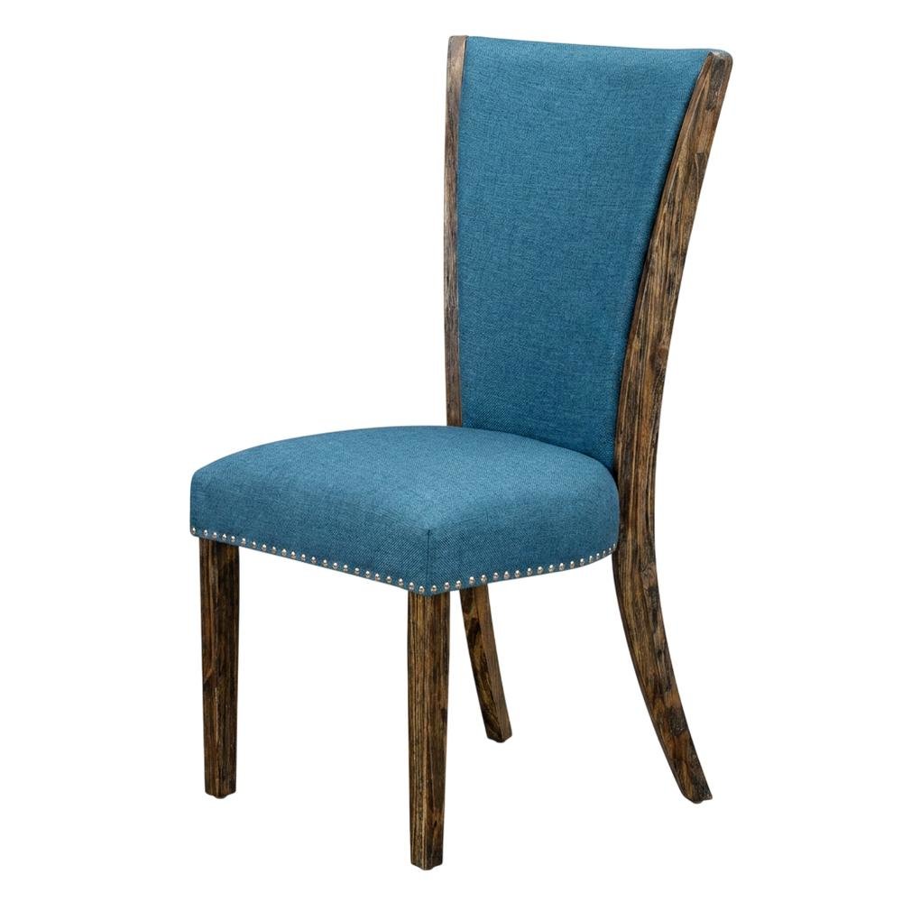 Linen Dining Chairs with Distressed Wood Frame and Nail Head, Blue, Set of 2. Picture 5
