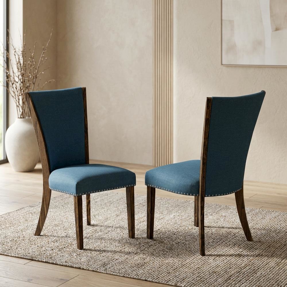 Linen Dining Chairs with Distressed Wood Frame and Nail Head, Blue, Set of 2. Picture 4