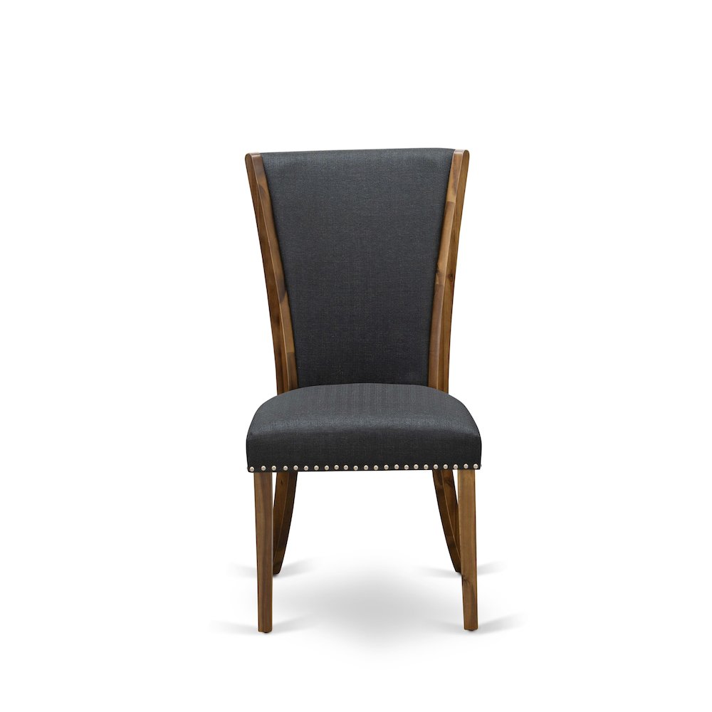 East West Furniture - Set of 2 - Dinner Chairs- Wooden Dining Chairs Includes Antique Walnut Wooden Frame with Black Linen Fabric Seat with Nail Head and Stylish Back. Picture 3