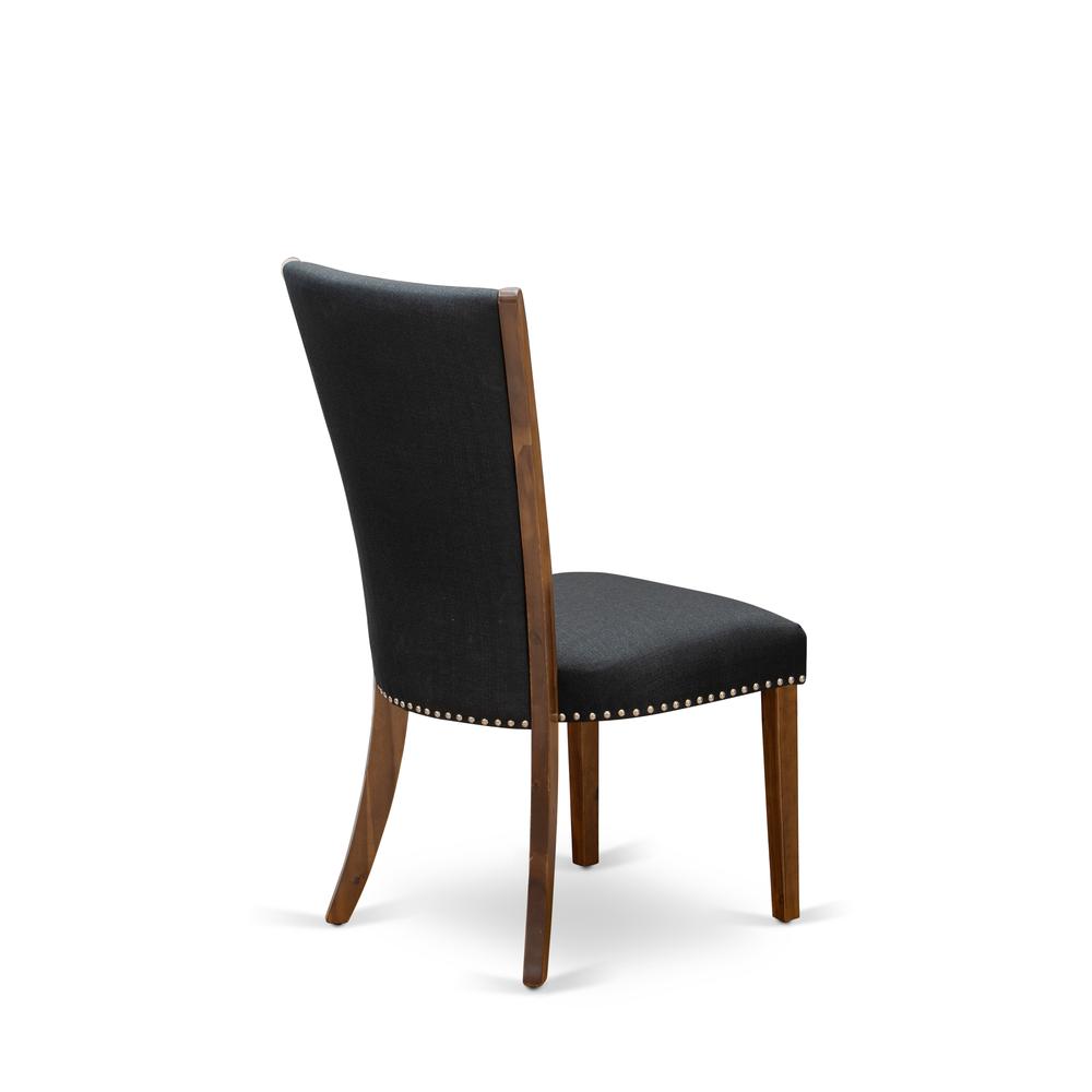 East West Furniture - Set of 2 - Dinner Chairs- Wooden Dining Chairs Includes Antique Walnut Wooden Frame with Black Linen Fabric Seat with Nail Head and Stylish Back. Picture 4