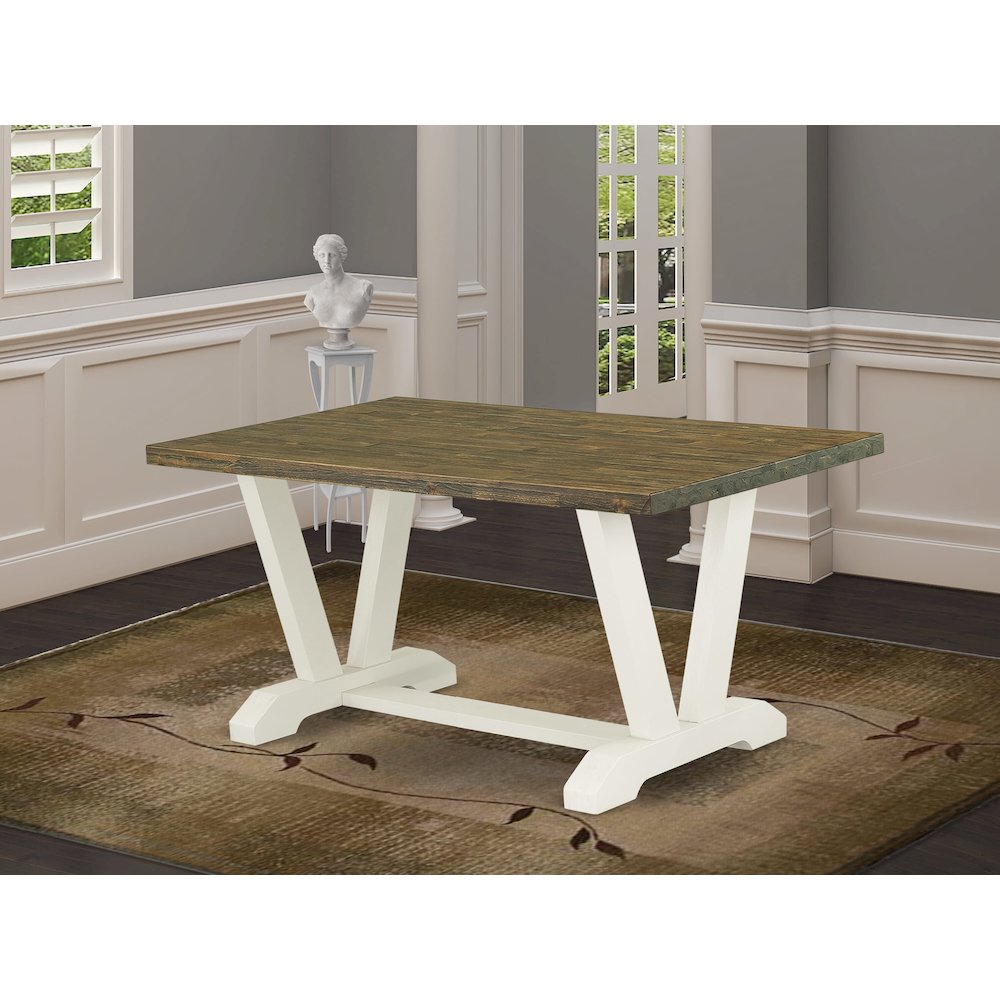 East West Furniture 1-Piece, Kitchen Table with Rectangular Distressed Jacobean Table top and Linen White Wooden Legs Finish. Picture 2