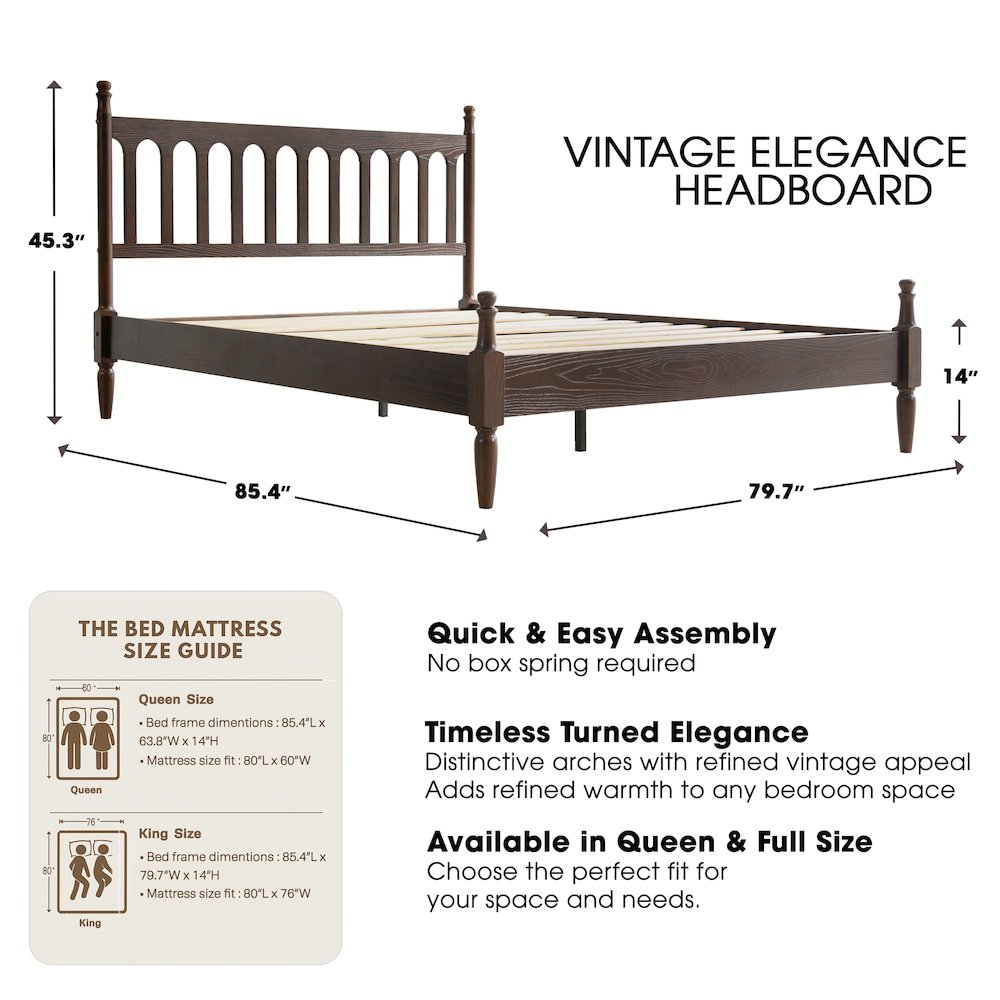 King Wooden Platform Bed Frame, Dark Roast Oak Finish, Traditional Style. Picture 2