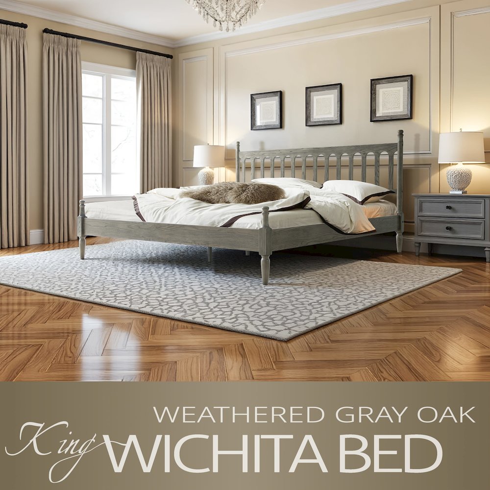 King Wooden Platform Bed Frame, Weathered Gray Oak Finish, Traditional Style. Picture 6