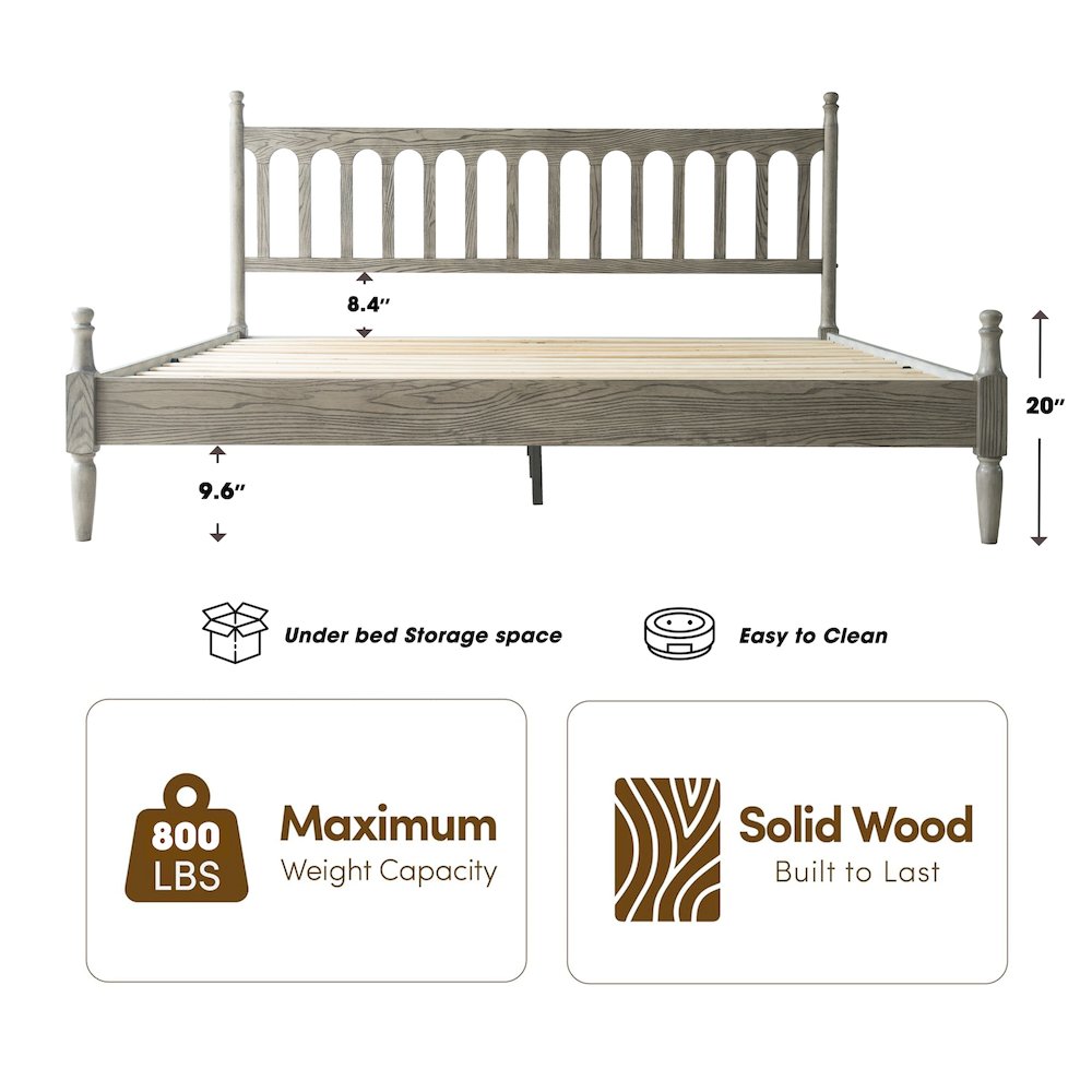 King Wooden Platform Bed Frame, Weathered Gray Oak Finish, Traditional Style. Picture 1