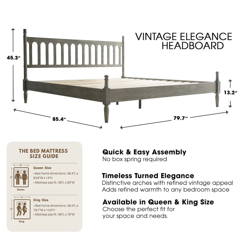 King Wooden Platform Bed Frame, Weathered Gray Oak Finish, Traditional Style. Picture 2