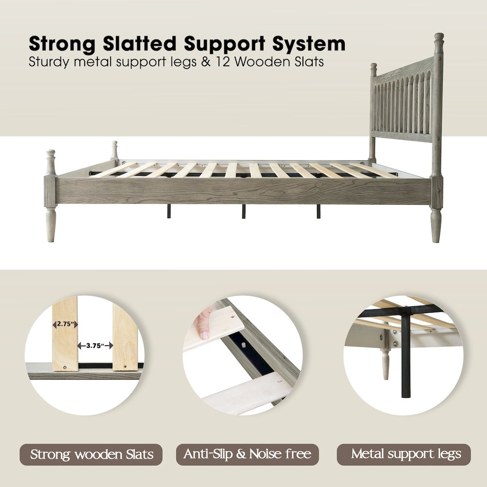 King Wooden Platform Bed Frame, Weathered Gray Oak Finish, Traditional Style. Picture 3
