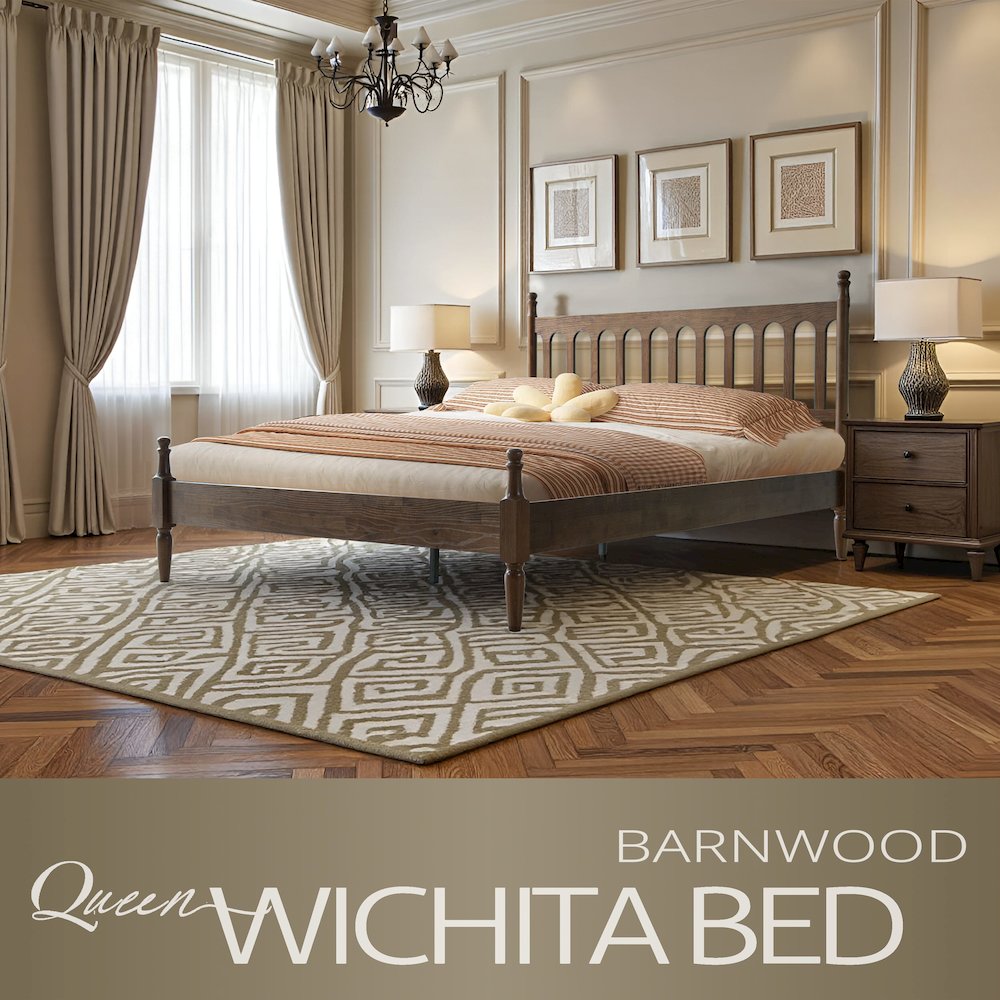 Queen Wooden Platform Bed Frame, Barnwood Finish, Traditional Style. Picture 6
